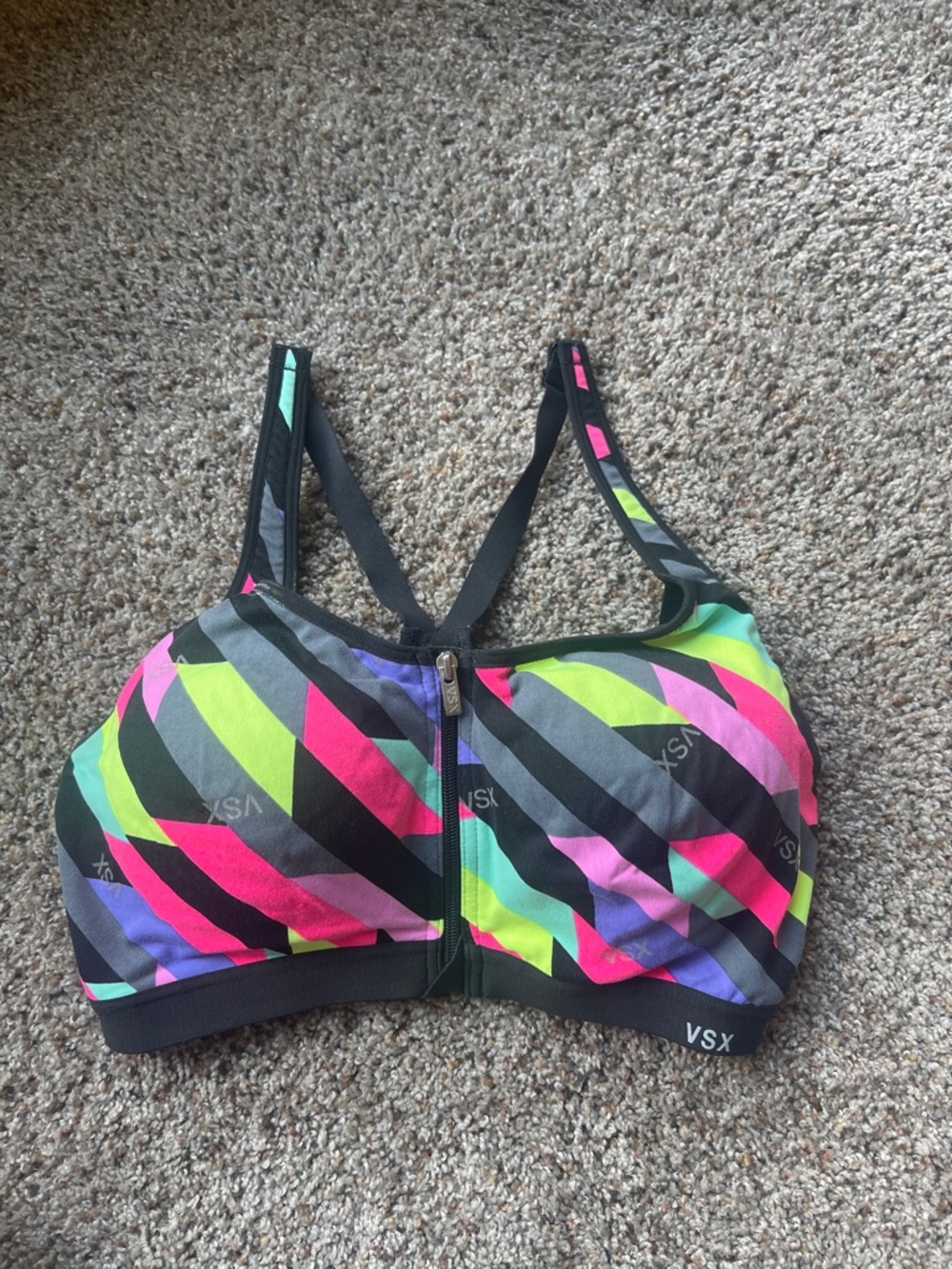 VSX Neon Multi Front-Zip super support Sports Bra 34 D NWOT